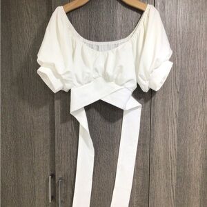 Cropped White Puff Sleeve Wrap Top with Tie Waist